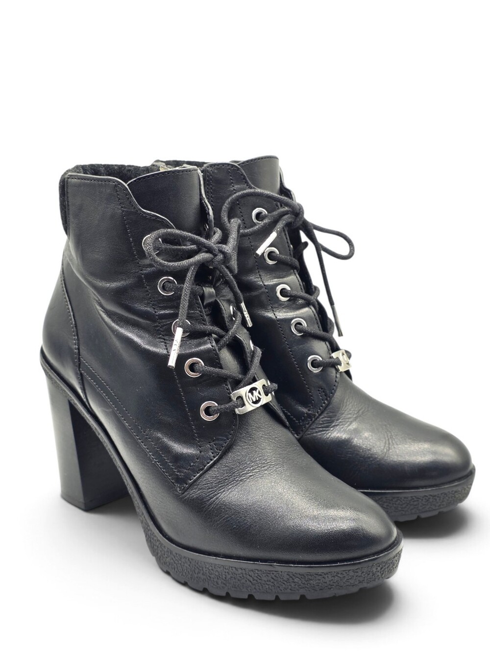Michael Kors Kim Black Leather Lace-Up Block Heel Boots Size 7.5 - Picture 7 of 15